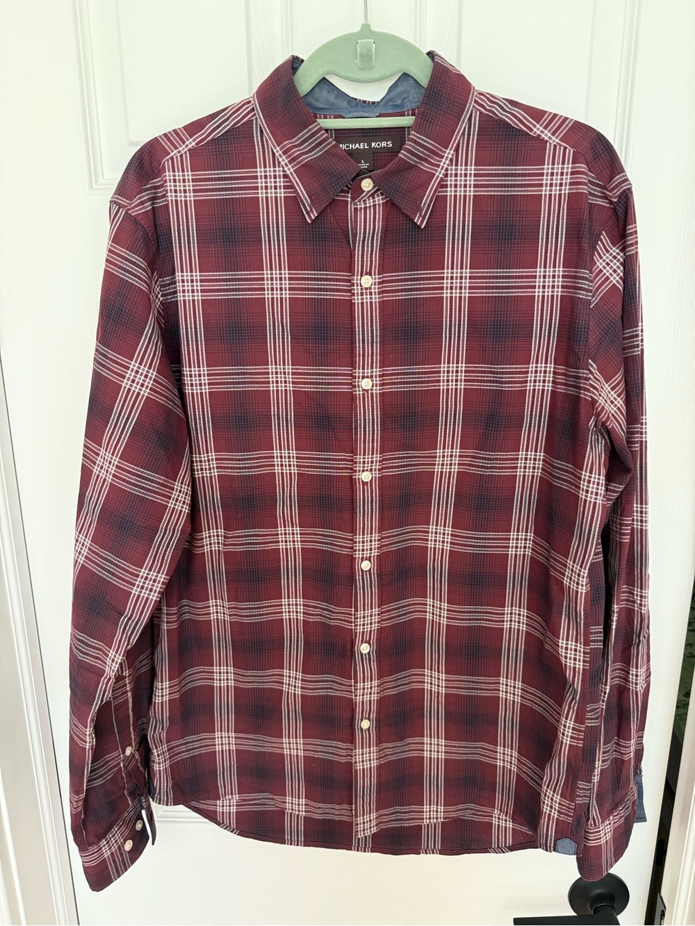 Michael Kors Men's Burgundy and White Plaid Button-Down Shirt